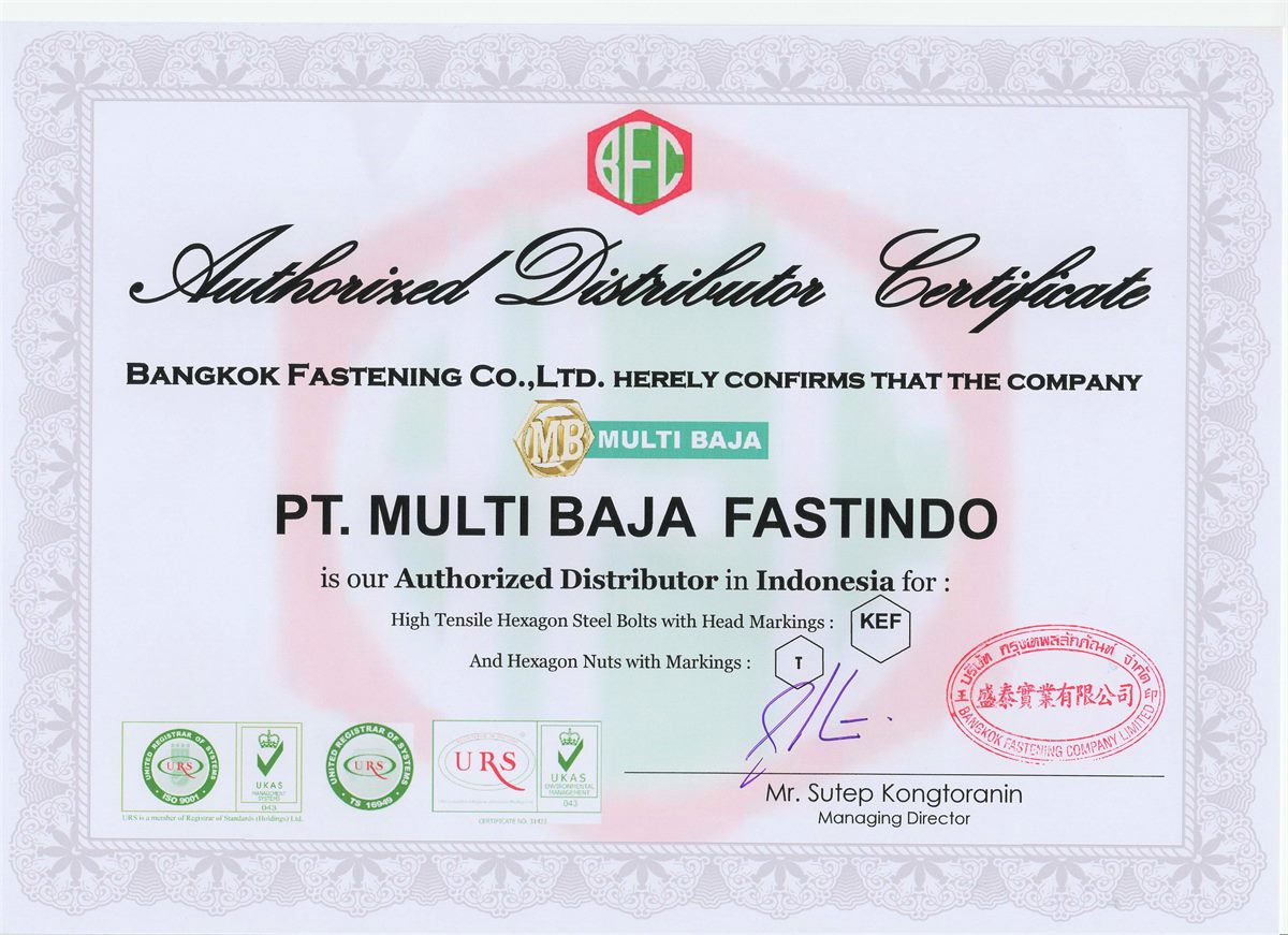 Authorized Distributor Certificate Bangkok Fastening